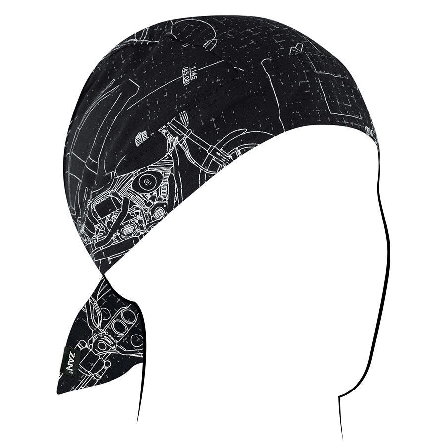 Zan Headgear Flydanna headwrap in black design, ideal for motorcycle riders to absorb sweat and prevent tangling.