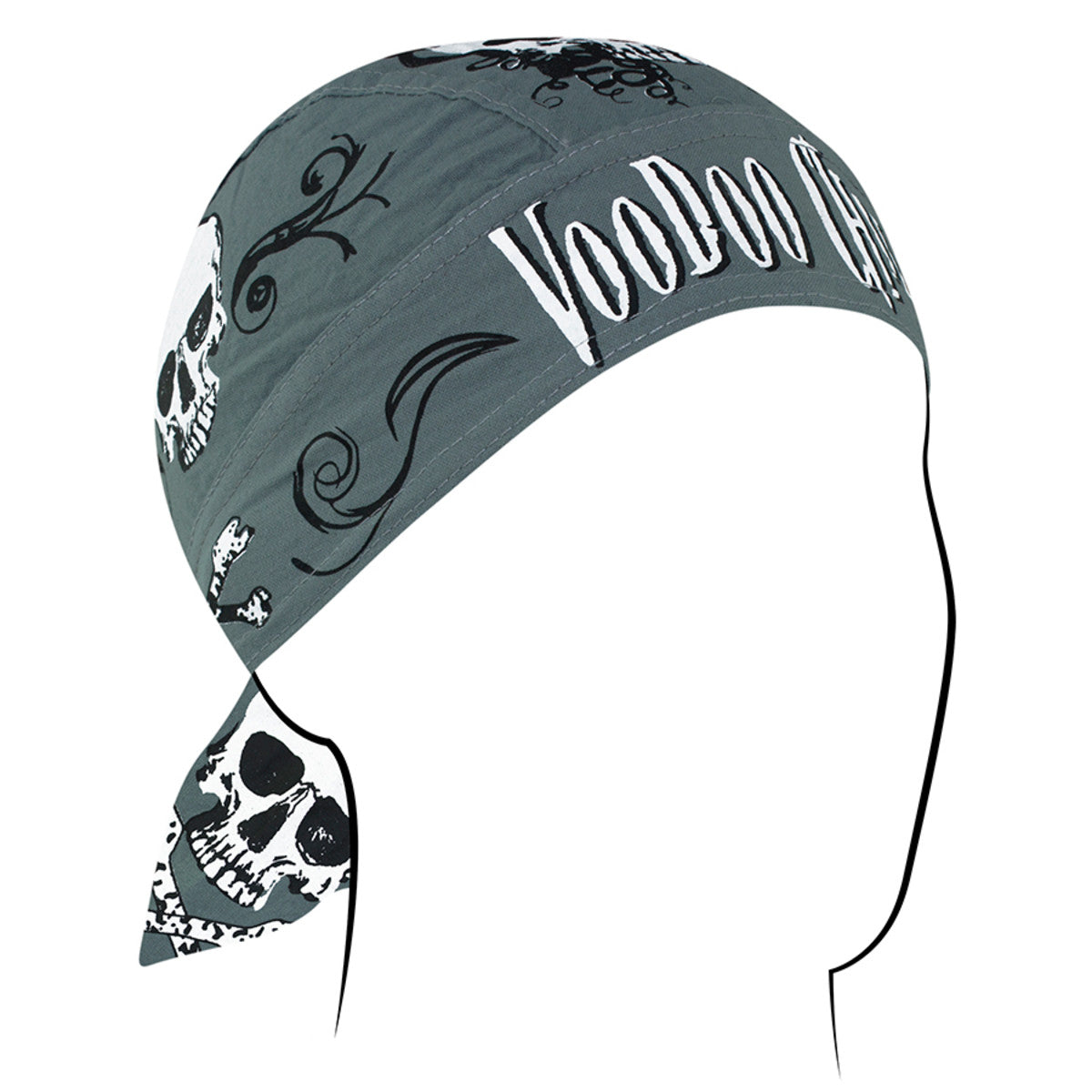 VooDoo Child skull patterned bandanna headwrap designed for riders, offering style and moisture control under helmets.