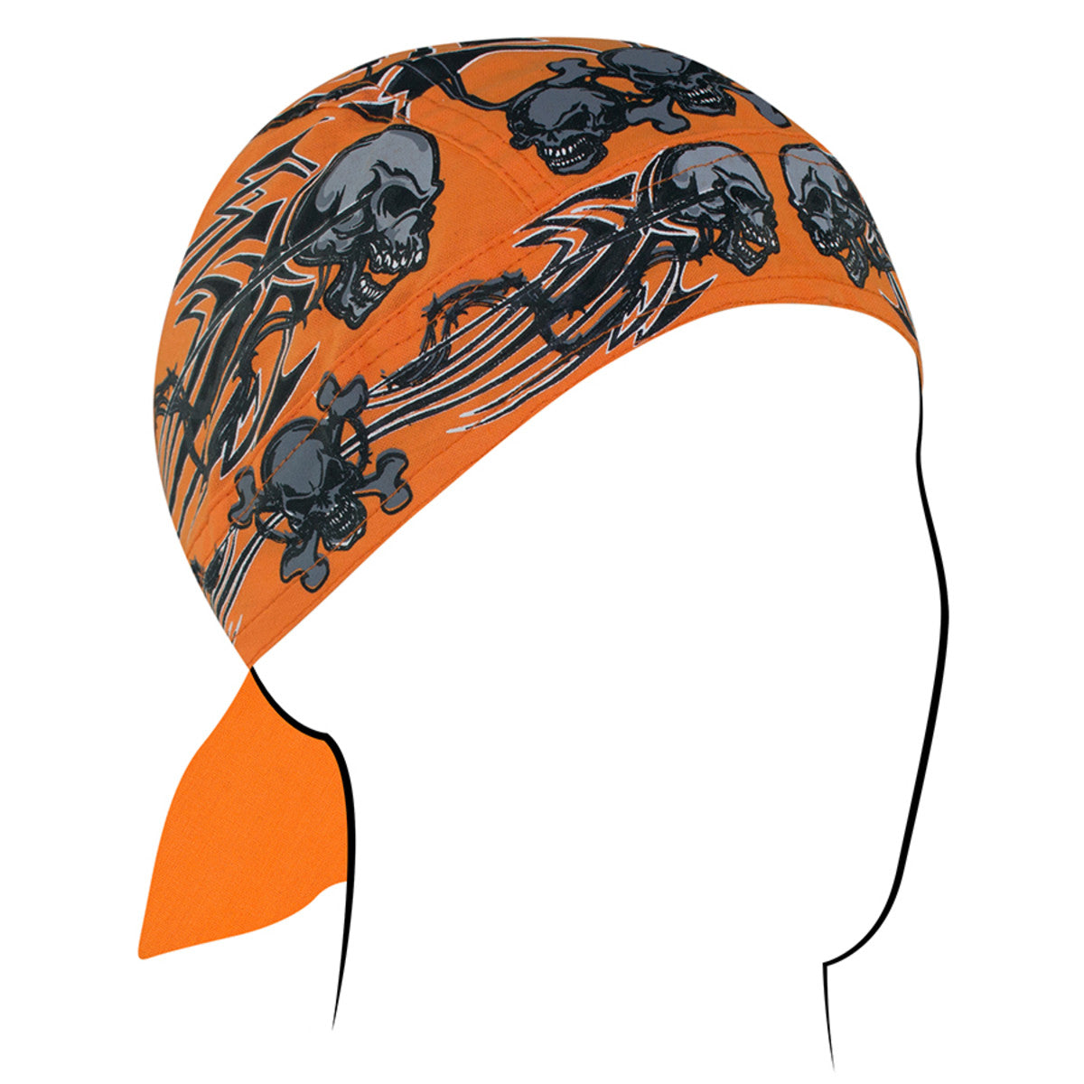 Zan Headgear Flydanna in orange with skull design, perfect for keeping sweat away while riding.