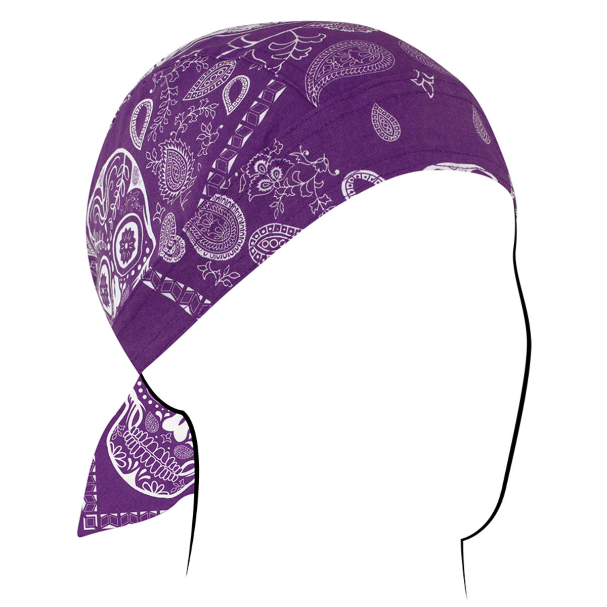 Purple Zan Headgear Flydanna bandanna headwrap with paisley design, ideal for moisture control under helmets.