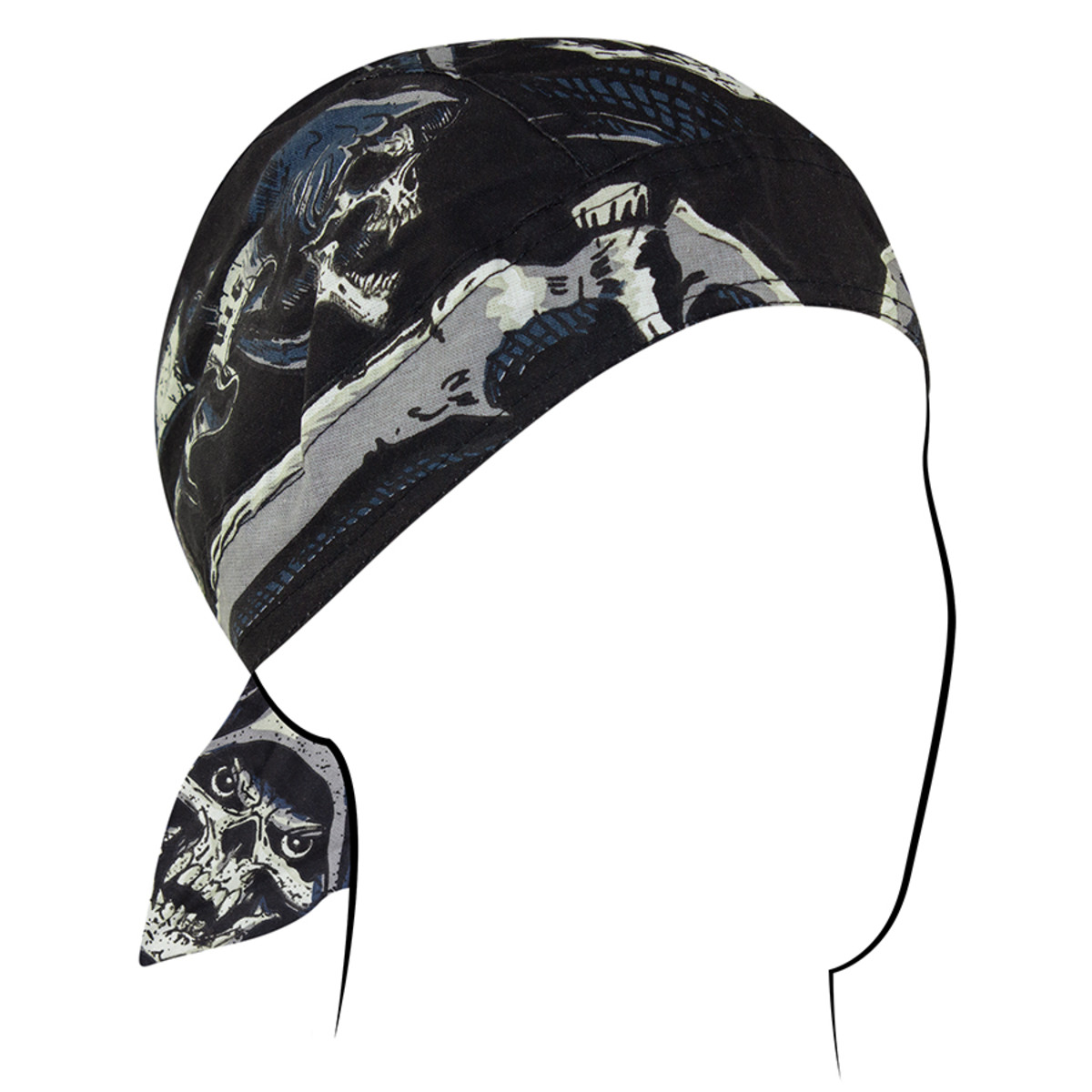 Zan Headgear Flydanna bandanna headwrap with skull design, perfect for moisture management under helmets.