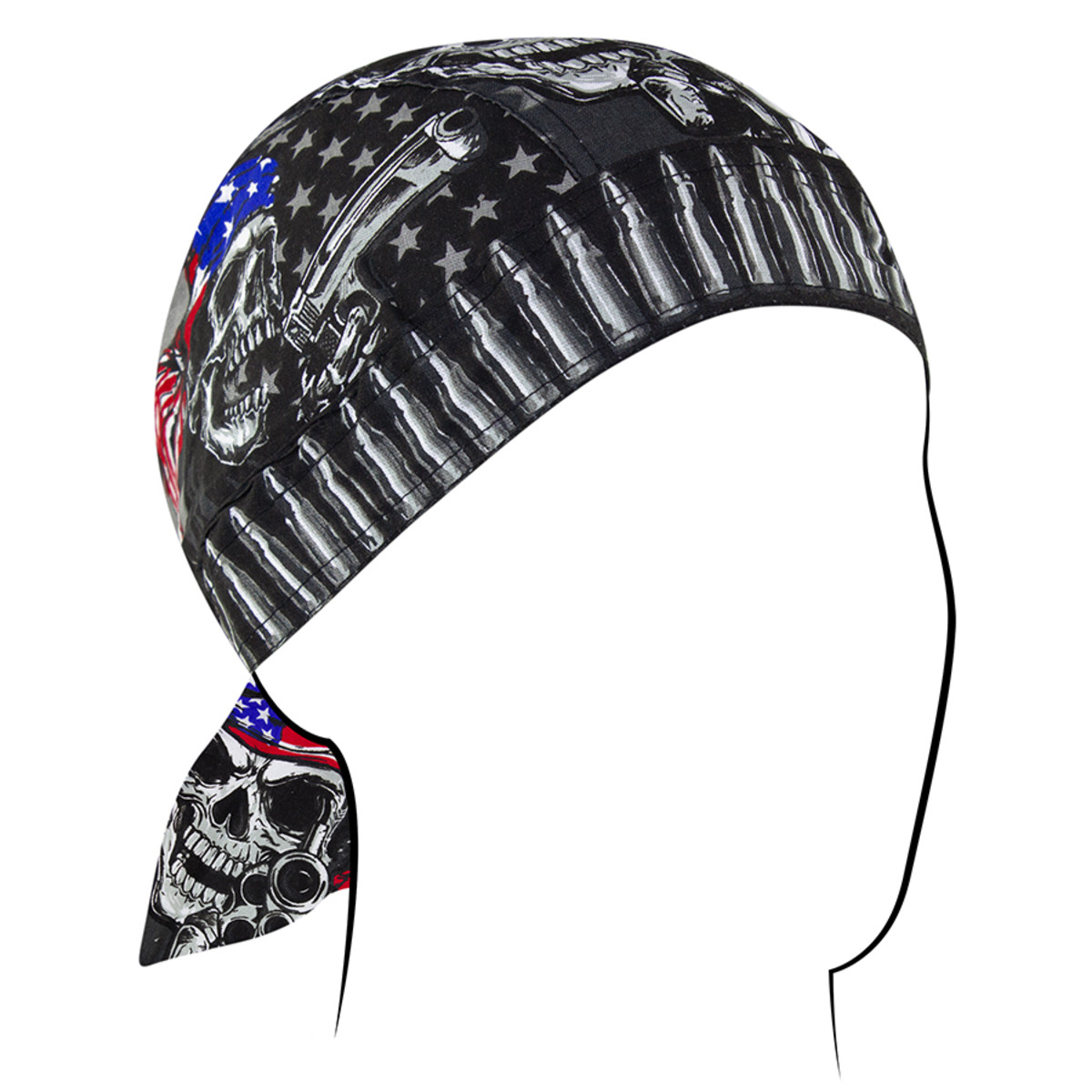 Zan Headgear Flydanna with skull and bullet design, ideal for riders and outdoor enthusiasts.