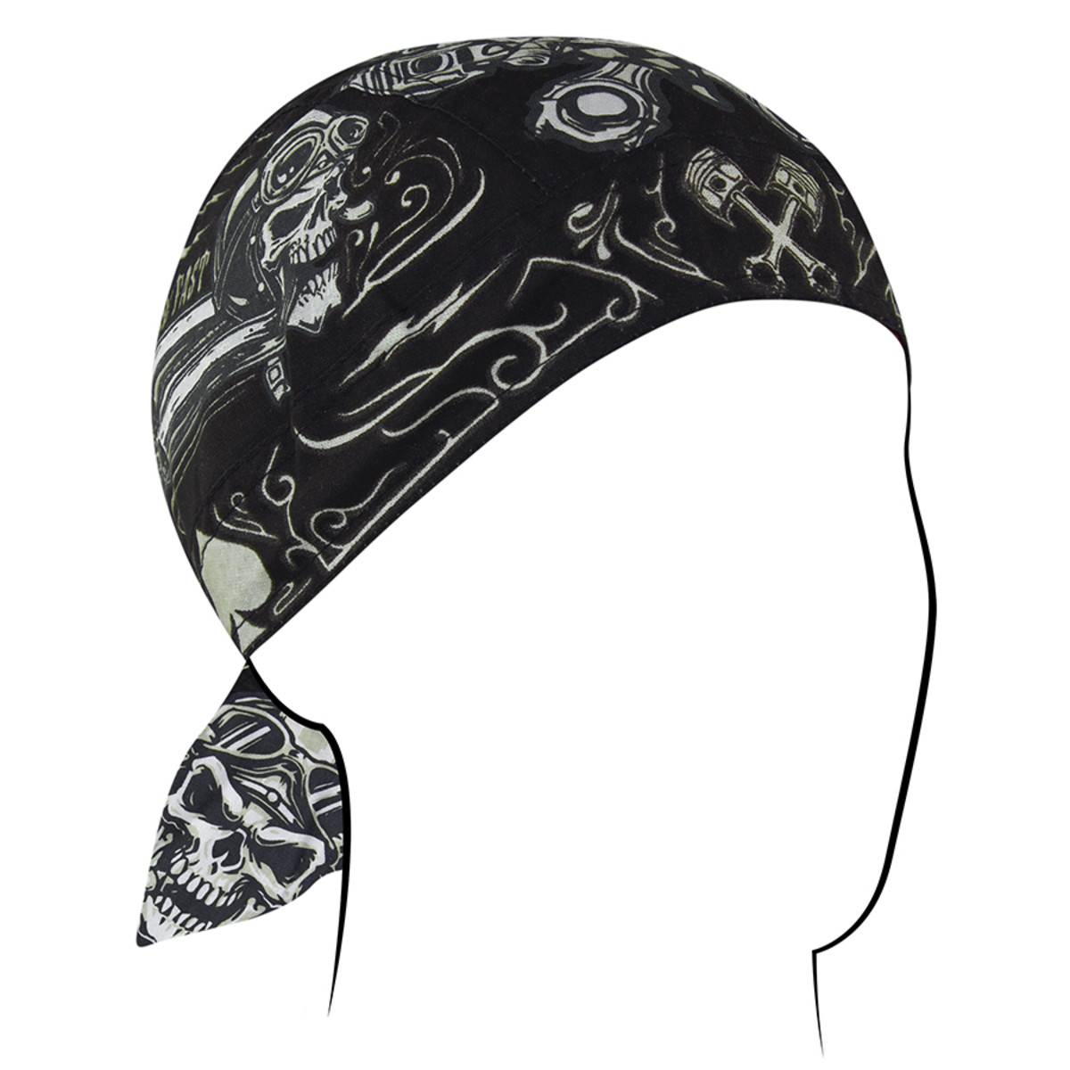 ZANheadgear Flydanna black bandanna with skull design, moisture-wicking headwrap for riders under helmets.