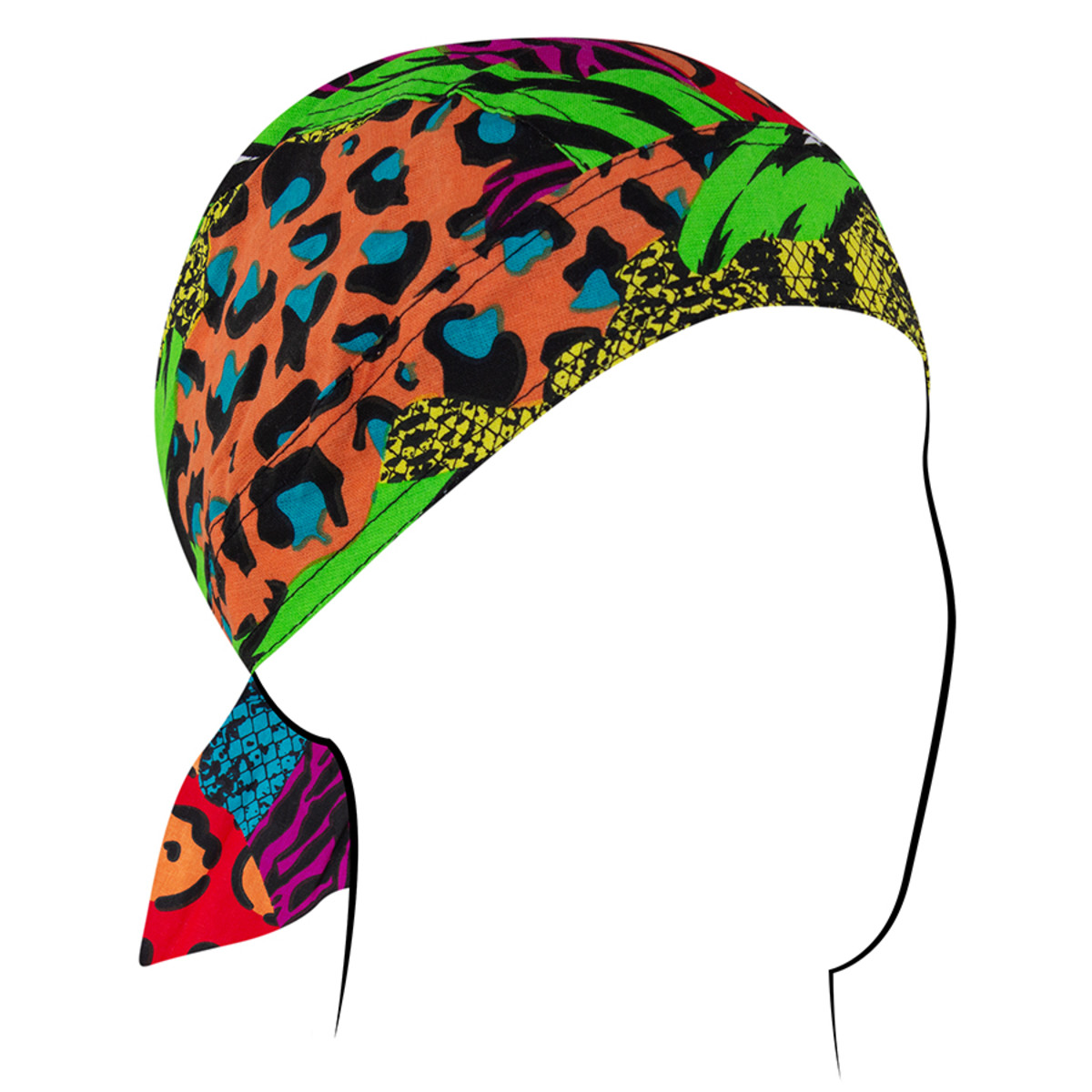 Colorful Zan Headgear Flydanna bandanna headwrap, designed for moisture control and hair protection while riding.