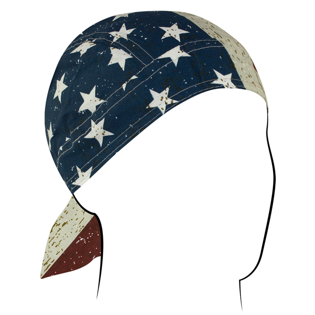 Zan Headgear Flydanna in red, white, and blue stars pattern, perfect for riders as a sweat barrier and stylish headwrap.