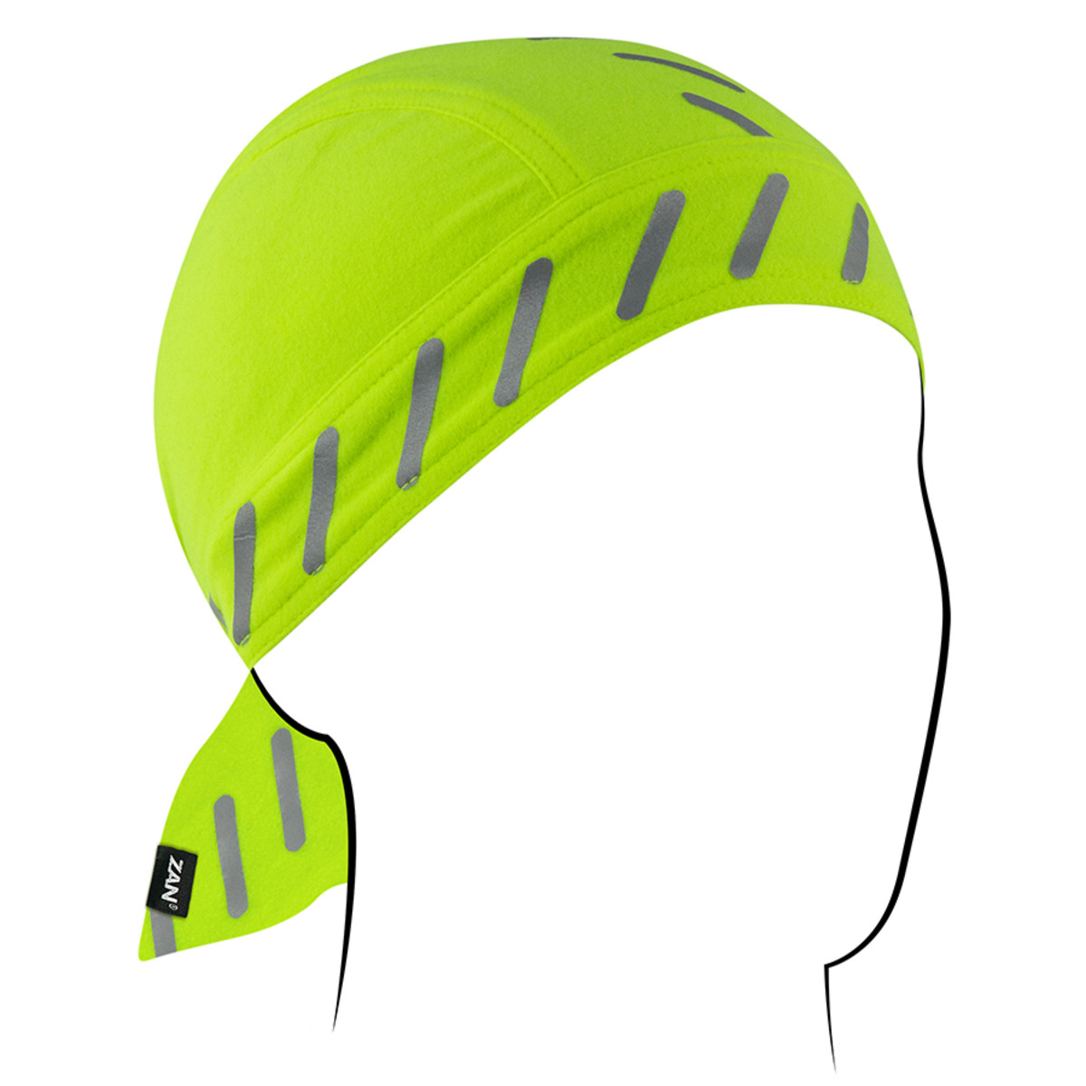 ZANheadgear Flydanna headwrap in bright neon yellow with reflective stripes for moisture control and comfort under helmets.