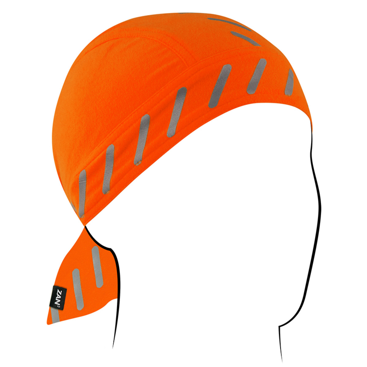 ZANheadgear Flydanna in bright orange, featuring reflective panels for added visibility and comfort for riders.