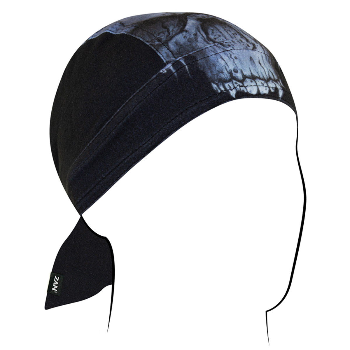 Zan Headgear Flydanna bandanna with skull design, perfect for moisture management under helmets and keeping hair in place.