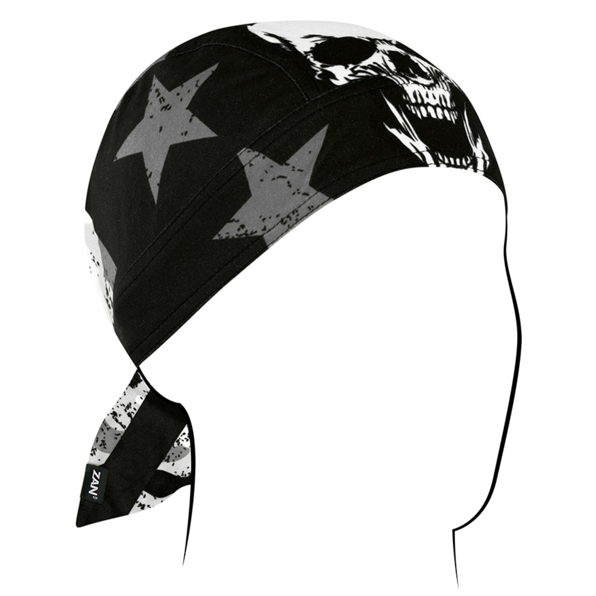 Zan Headgear Flydanna with skull and star design, ideal headwrap for moisture management beneath helmets.