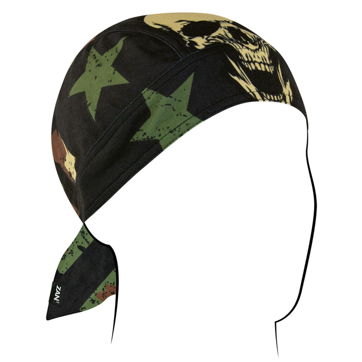 Zan Headgear Flydanna headwrap featuring skull and star design, ideal moisture barrier for riders under helmets.