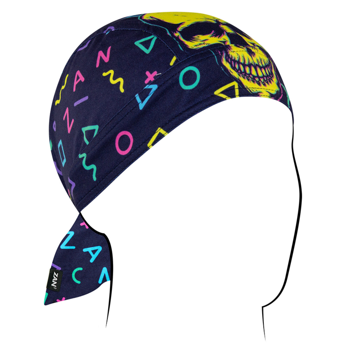 Zan Headgear Flydanna with vibrant skull design, perfect as a moisture barrier under a helmet for riders.