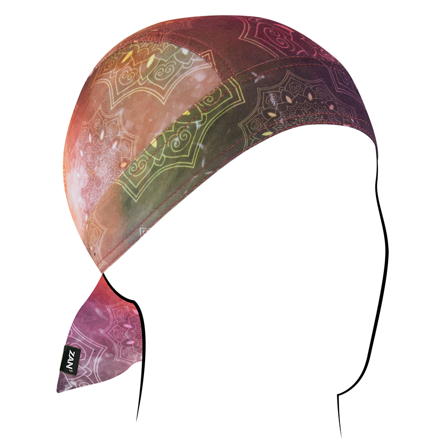 Vibrant Zan Headgear Flydanna headwrap designed for moisture management and stylish protection under helmets.