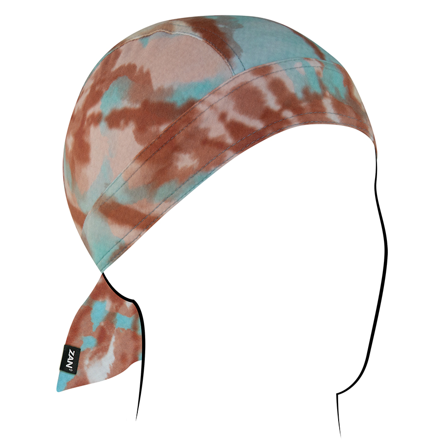 Zan Headgear Flydanna headwrap featuring a multicolor tie-dye design, ideal for moisture management under helmets.