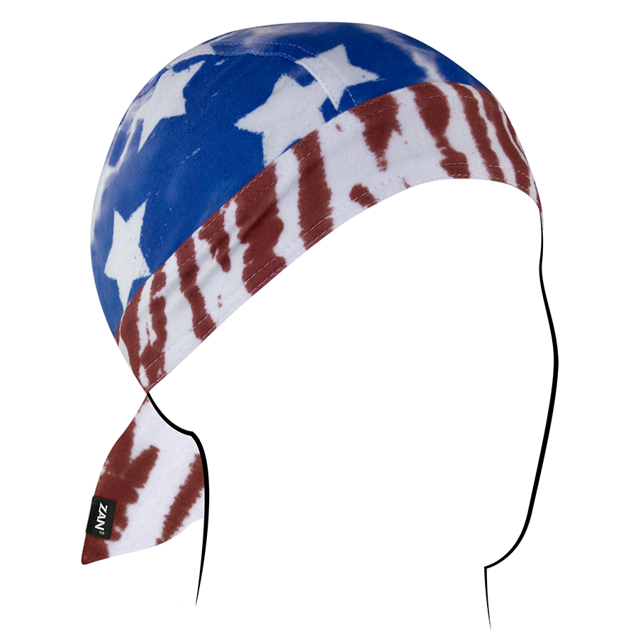 ZANheadgear Flydanna in red, white, and blue design, ideal for moisture control and helmet comfort.