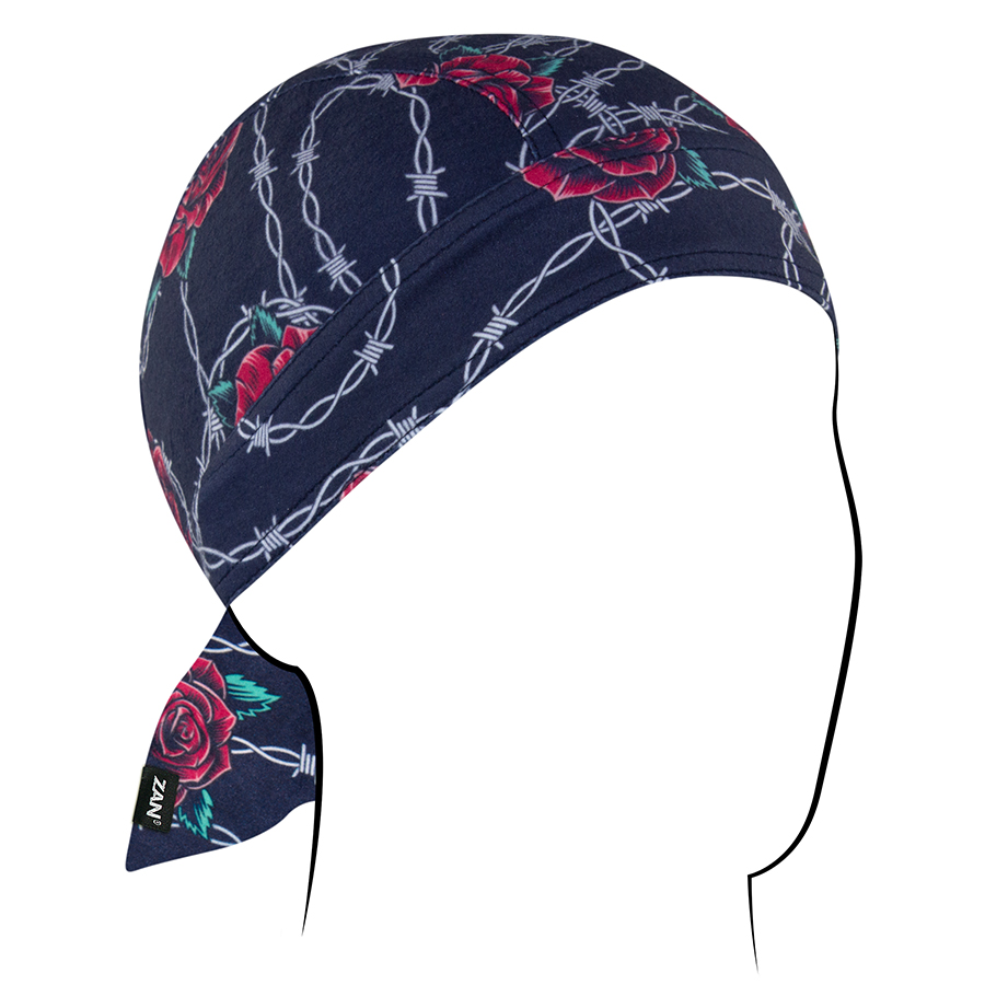 Zan Headgear Flydanna with rose and barbed wire design, ideal moisture barrier for bikers and outdoor enthusiasts.