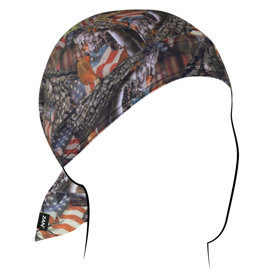 ZANheadgear Flydanna headwrap featuring a patriotic design with flags and nature elements, ideal for moisture management under helmets.