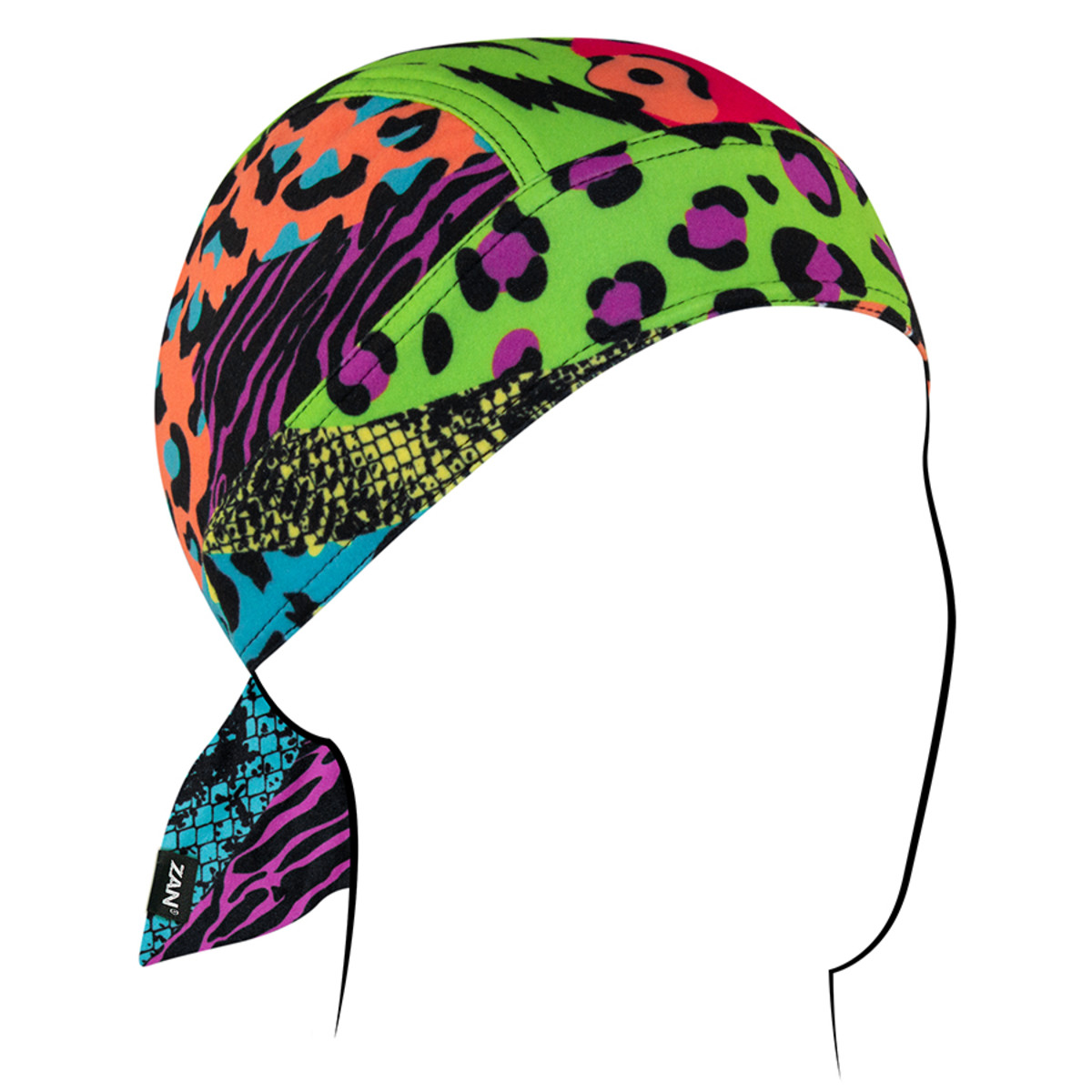 Colorful Zan Headgear Flydanna headwrap designed to keep sweat away and hair tangle-free for riders.