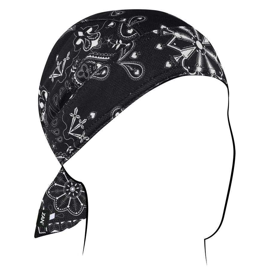 Zan Headgear Flydanna black and white patterned headwrap designed for moisture management under helmets.