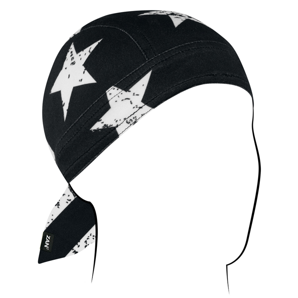 Zan Headgear Flydanna black and white star design headwrap for moisture control under helmets.