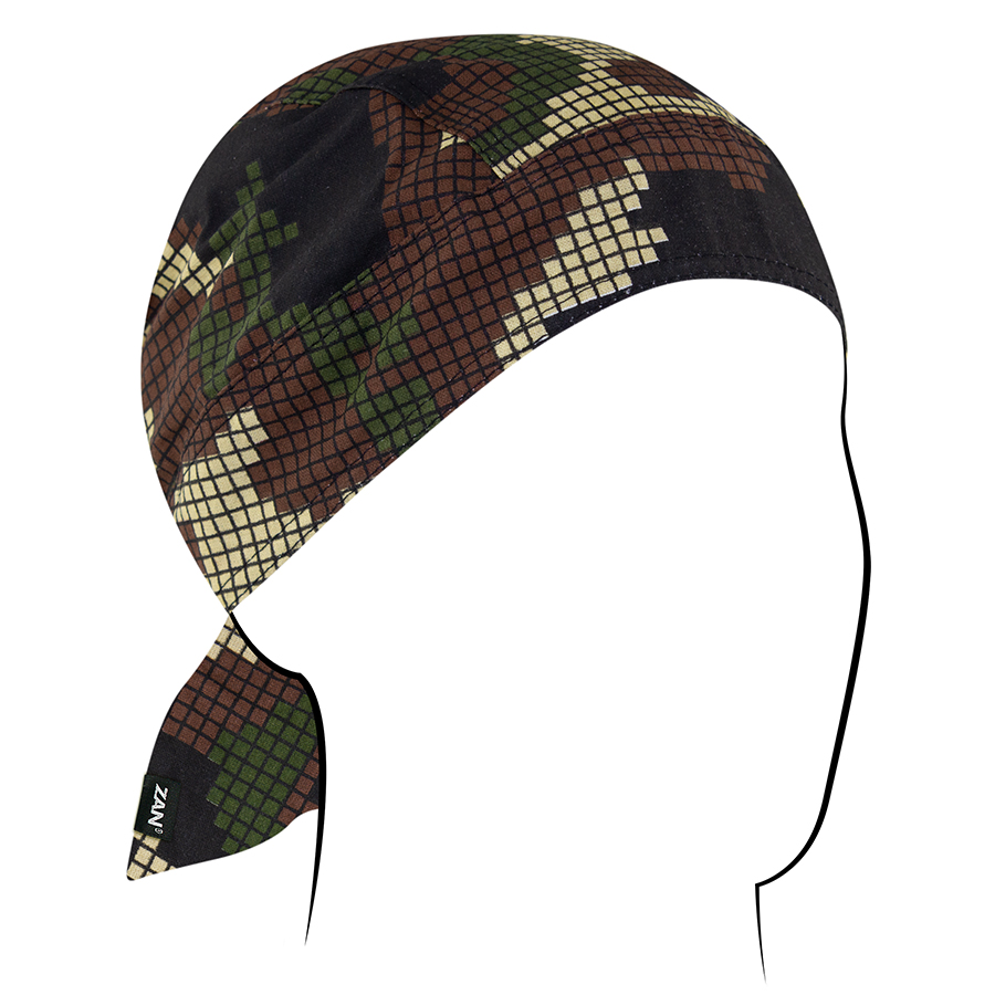 Zan Headgear Flydanna bandanna in camouflage pattern, moisture-wicking headwrap suitable for riders and outdoor enthusiasts.