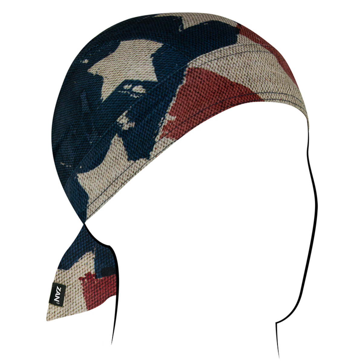 Zan Headgear Flydanna headwrap featuring a stylish red, white, and blue design for moisture control under helmets.