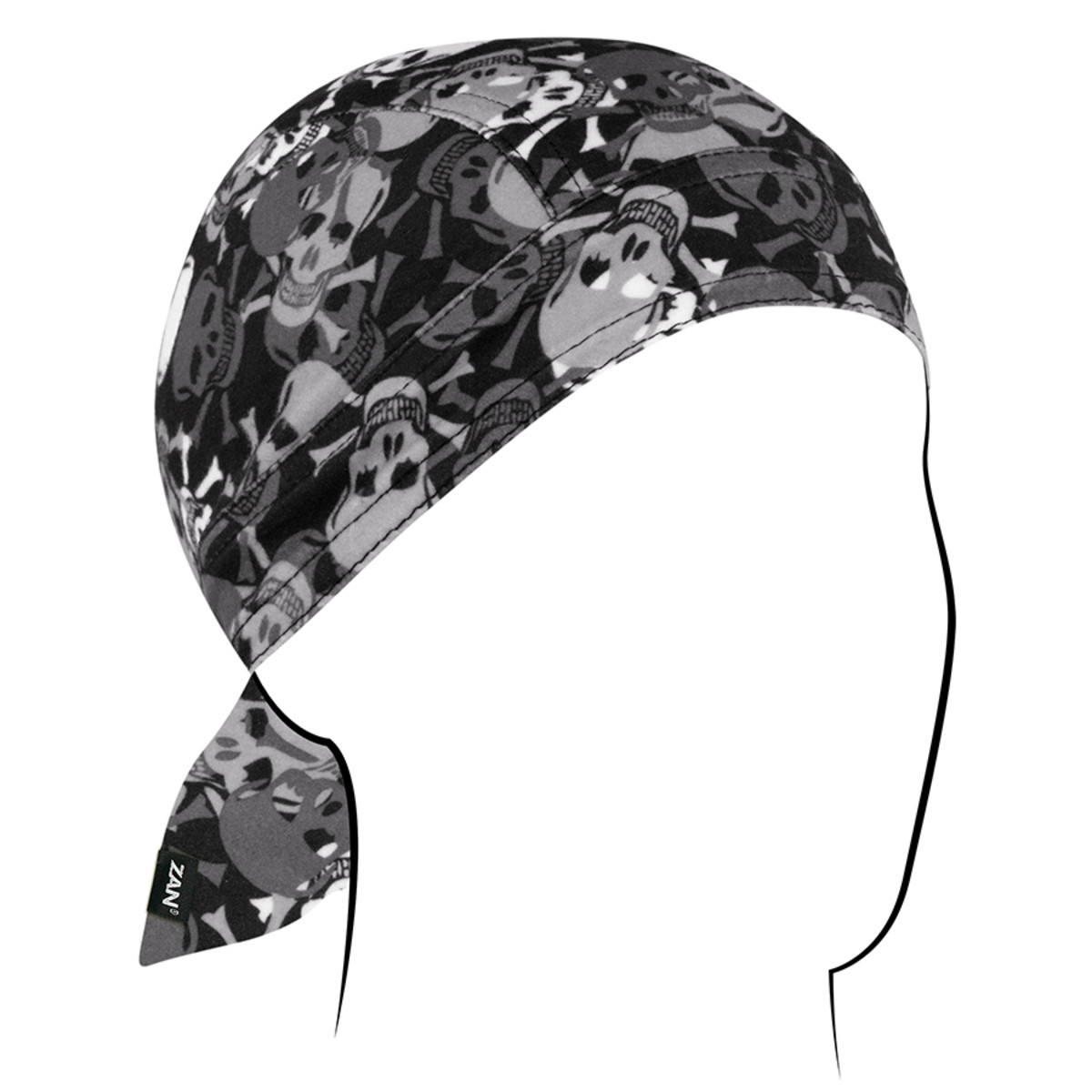 Zan Headgear Flydanna headwrap with skull design, perfect for sweat management under helmets.