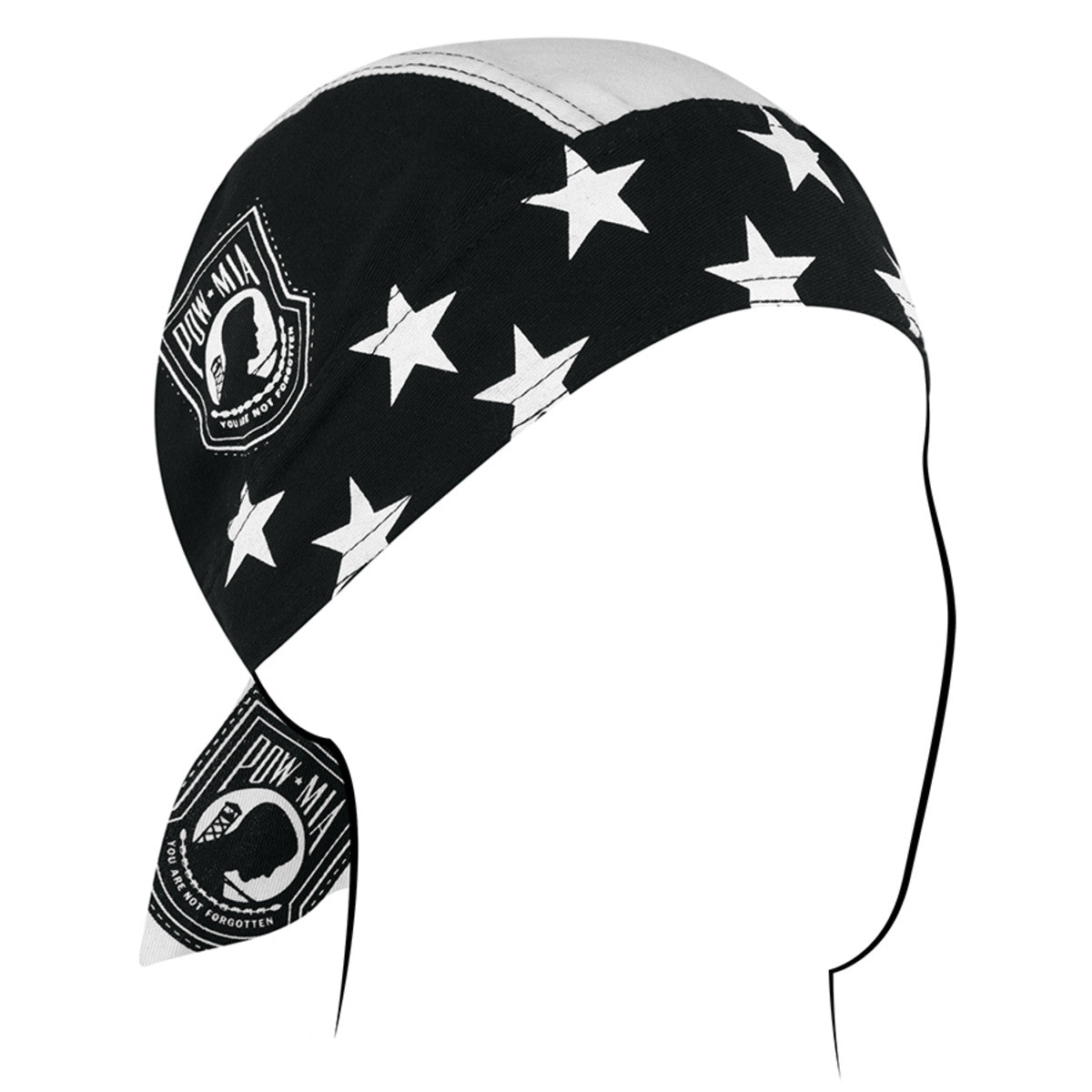 Zan Headgear Road Hog Flydanna featuring a black and white star pattern with POW-MIA patches, perfect for bikers.