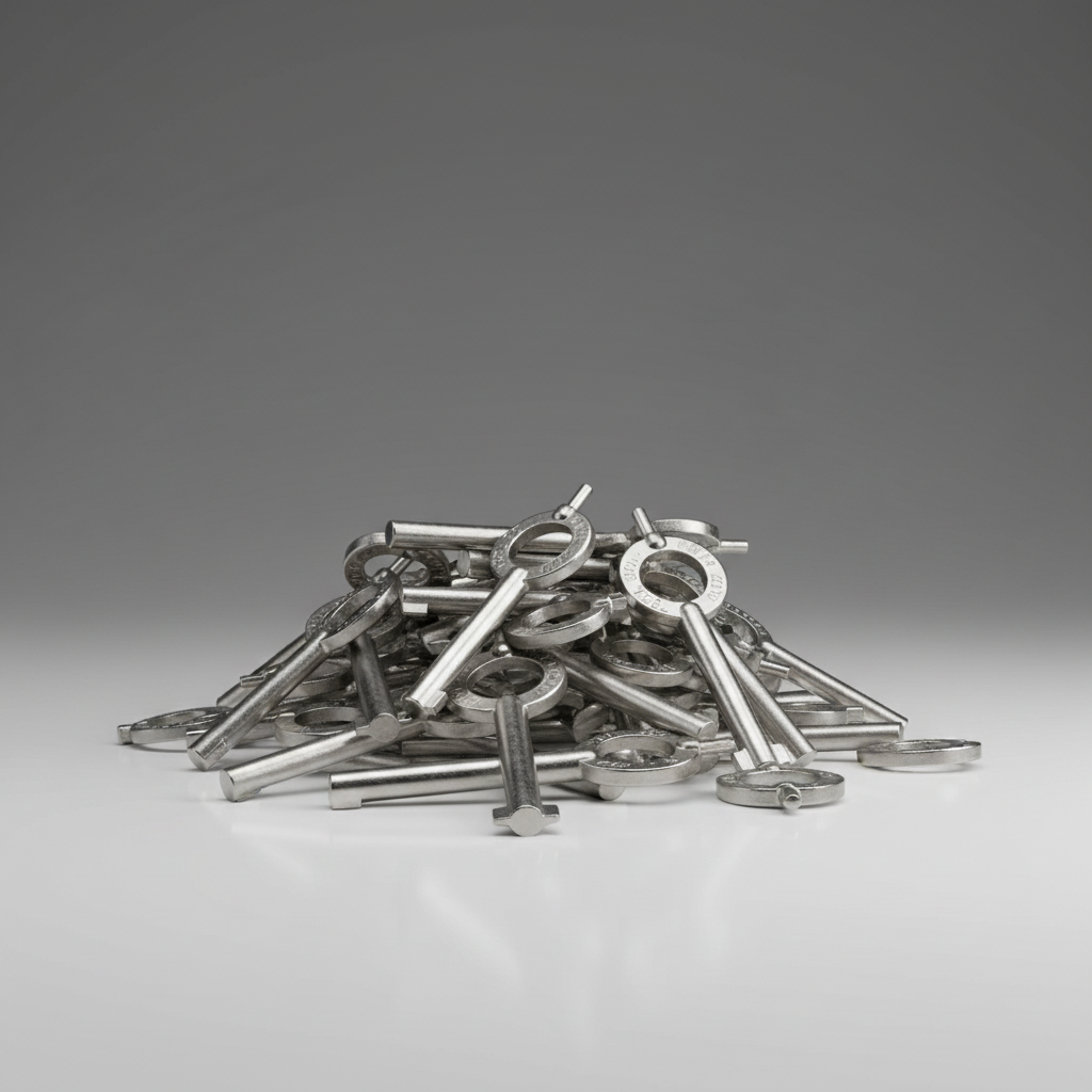 Pile of metal handcuff keys on a gray background