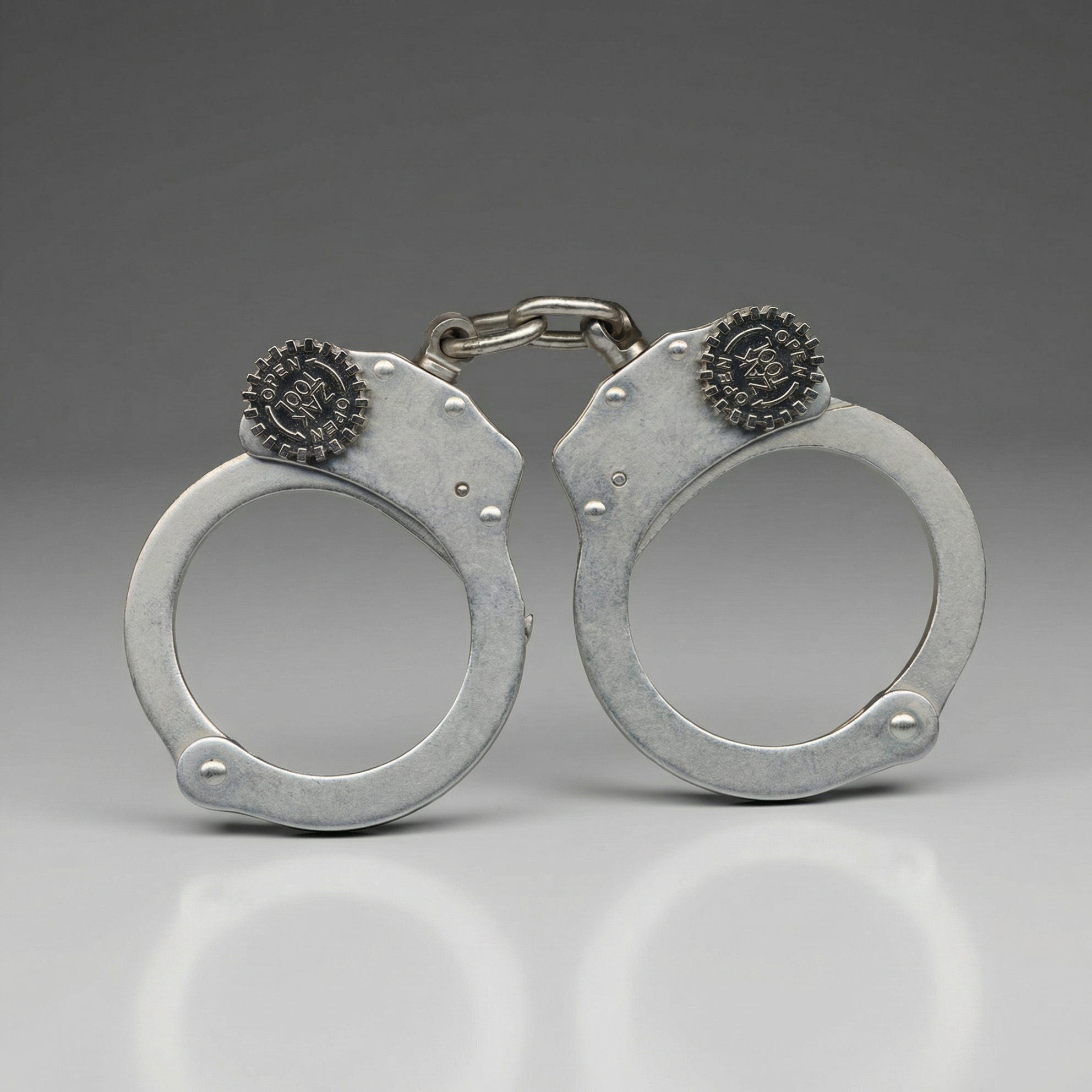 Pair of silver handcuffs on a gray background