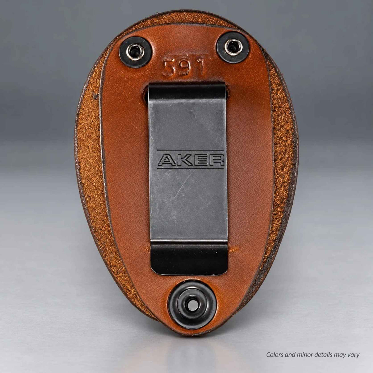 Aker Leather 591 tan leather badge holder A591-TP, rear view of Aker steel belt clip, snap mounts, and 591 stamp