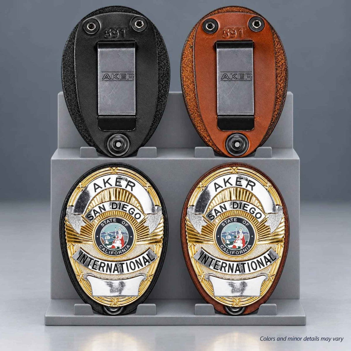 Aker Leather 591 shield badge holder in black A591-BP and tan A591-TP, front and rear views with Aker belt clip