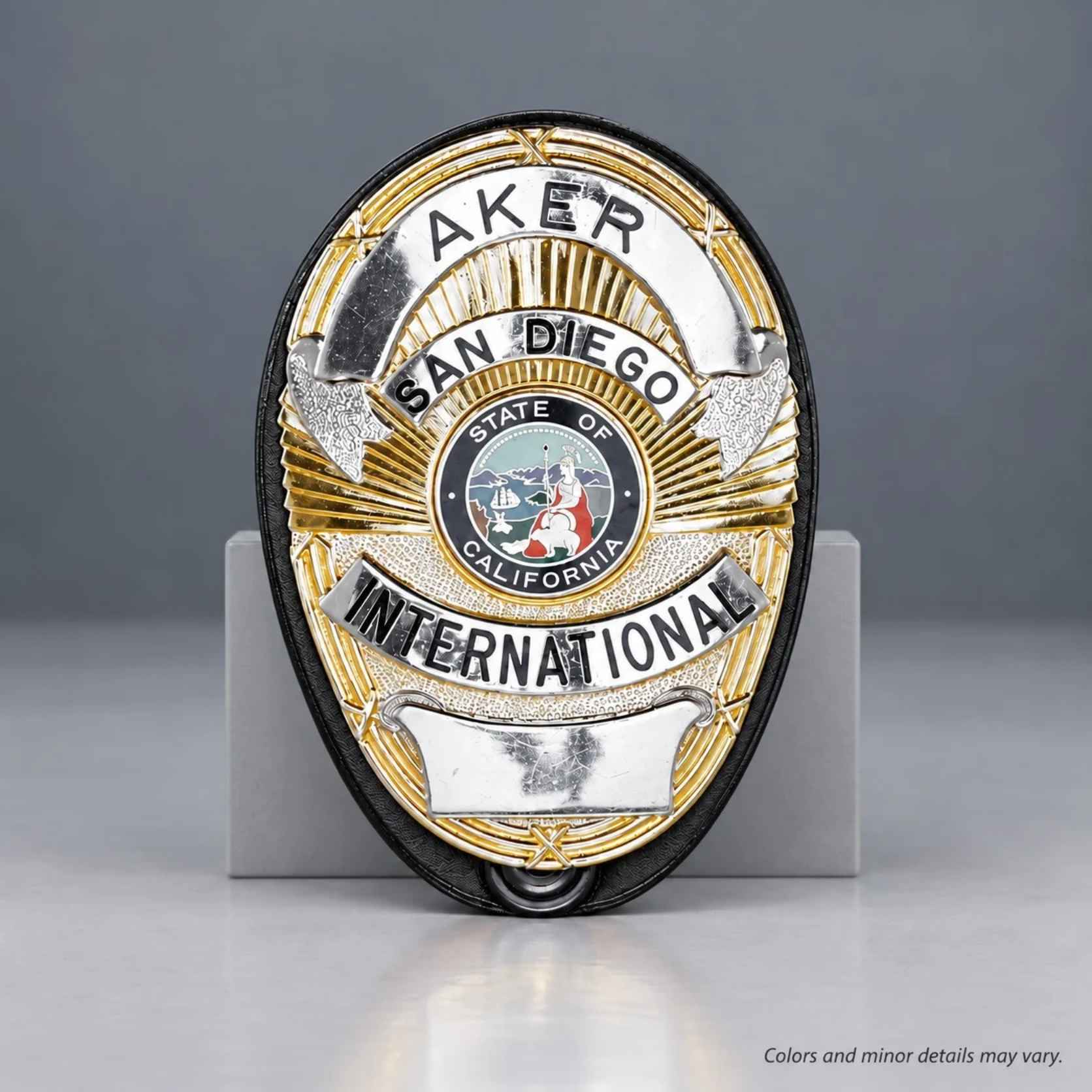 Aker Leather 591 clip-on shield badge holder A591-BP in black cowhide, front view with display badge, not included