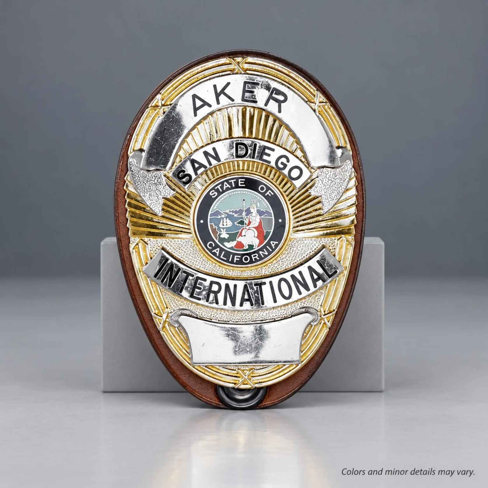 Aker Leather 591 clip-on shield badge holder A591-TP in tan cowhide, front view with display badge, not included