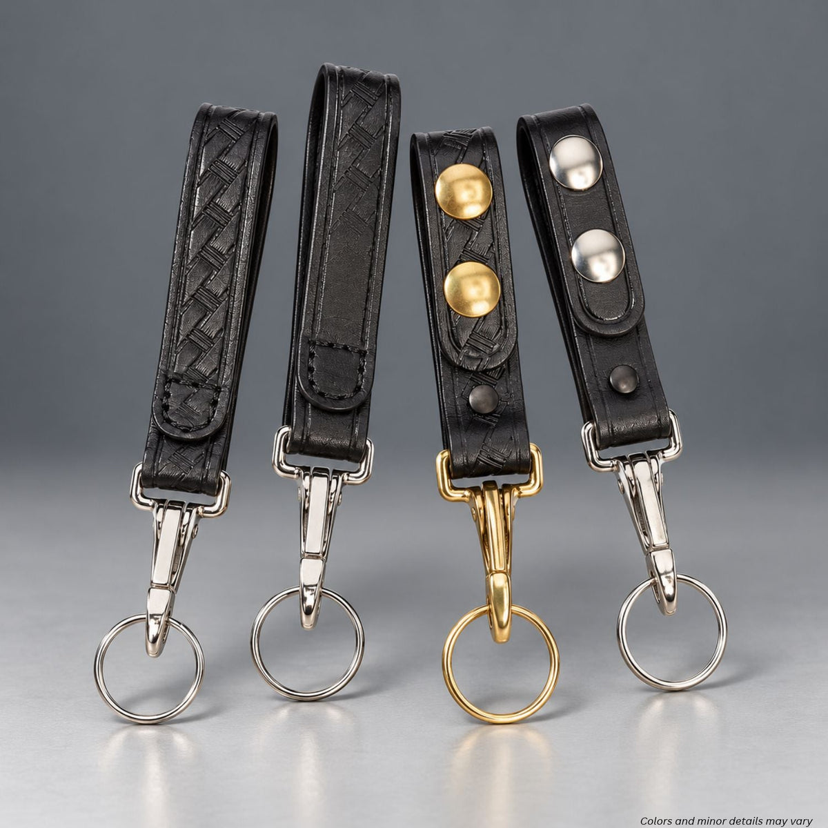 Aker Leather 561 Single Key Strap A561 in sewn basket weave, sewn plain, brass snap, and chrome snap versions