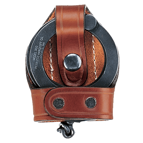 Aker Leather Bikini Handcuff Case featuring premium leather, brass snap, and secure metal clip for easy attachment.