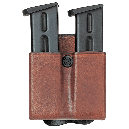 Aker Leather D.M.S. Twin Dual Mag Pouch with two Colt .45 magazines, featuring brass tension screw for adjustable security.