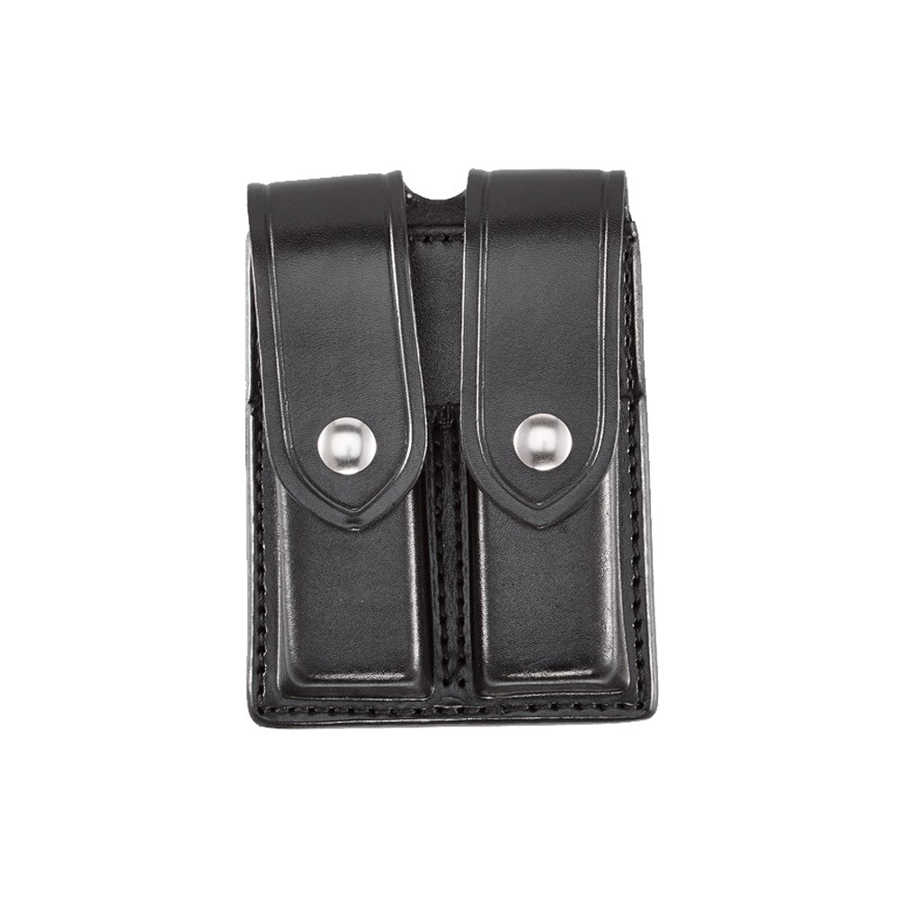 Aker Leather Double Magazine Pouch in black with solid brass snap fasteners and hand molded design for easy access.