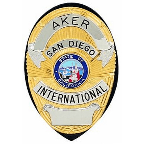Aker Leather Shield Badge Holder featuring a San Diego, California law enforcement badge design with detailed emblem.
