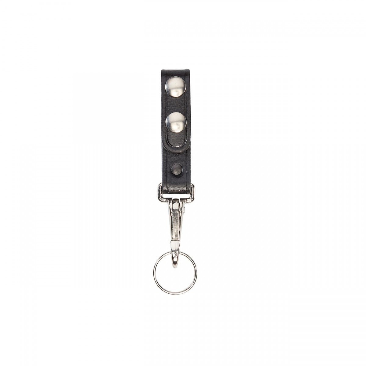 Aker Leather Single Key Strap in black with solid brass snaps and spring hook, designed for belts up to 2-1/4 inches wide.