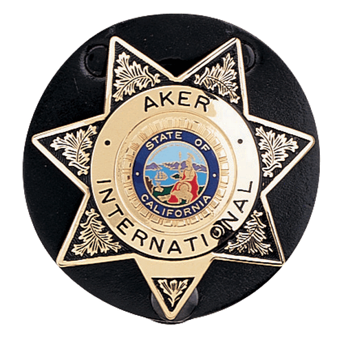 Aker Leather Star Badge Holder featuring a gold California star emblem on a black leather background.