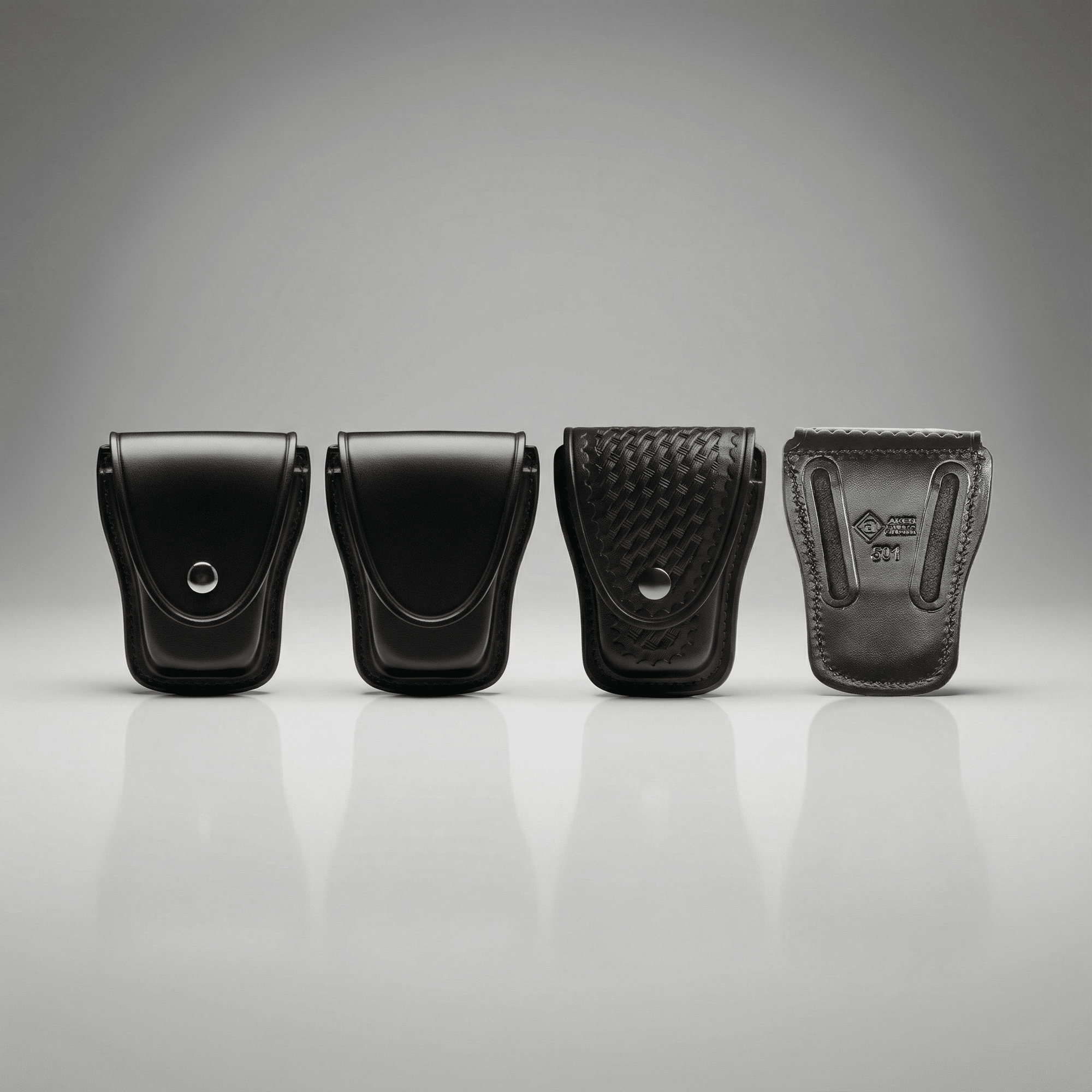 Four black leather pouches of different designs on a gray background