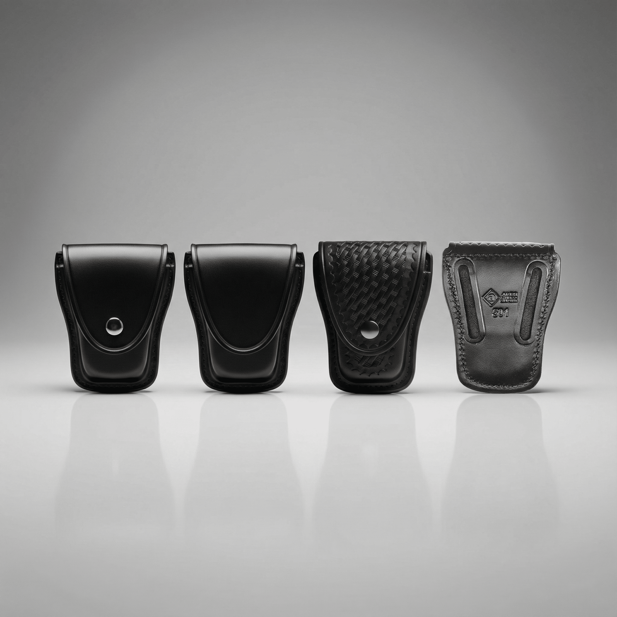 Four black leather pouches of different designs on a gray background