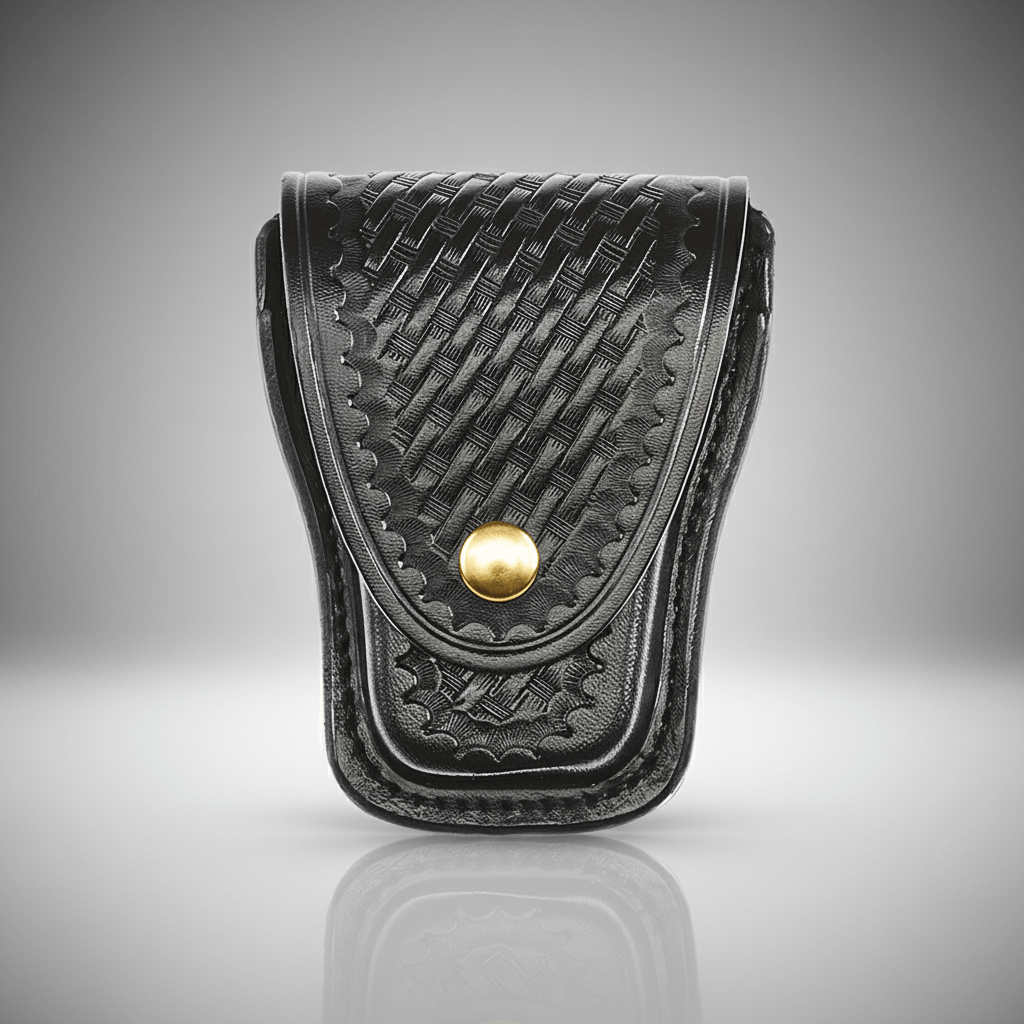 Black leather pouch with woven pattern and gold button on a gray background