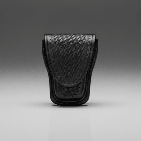 Black leather pouch on a gray background