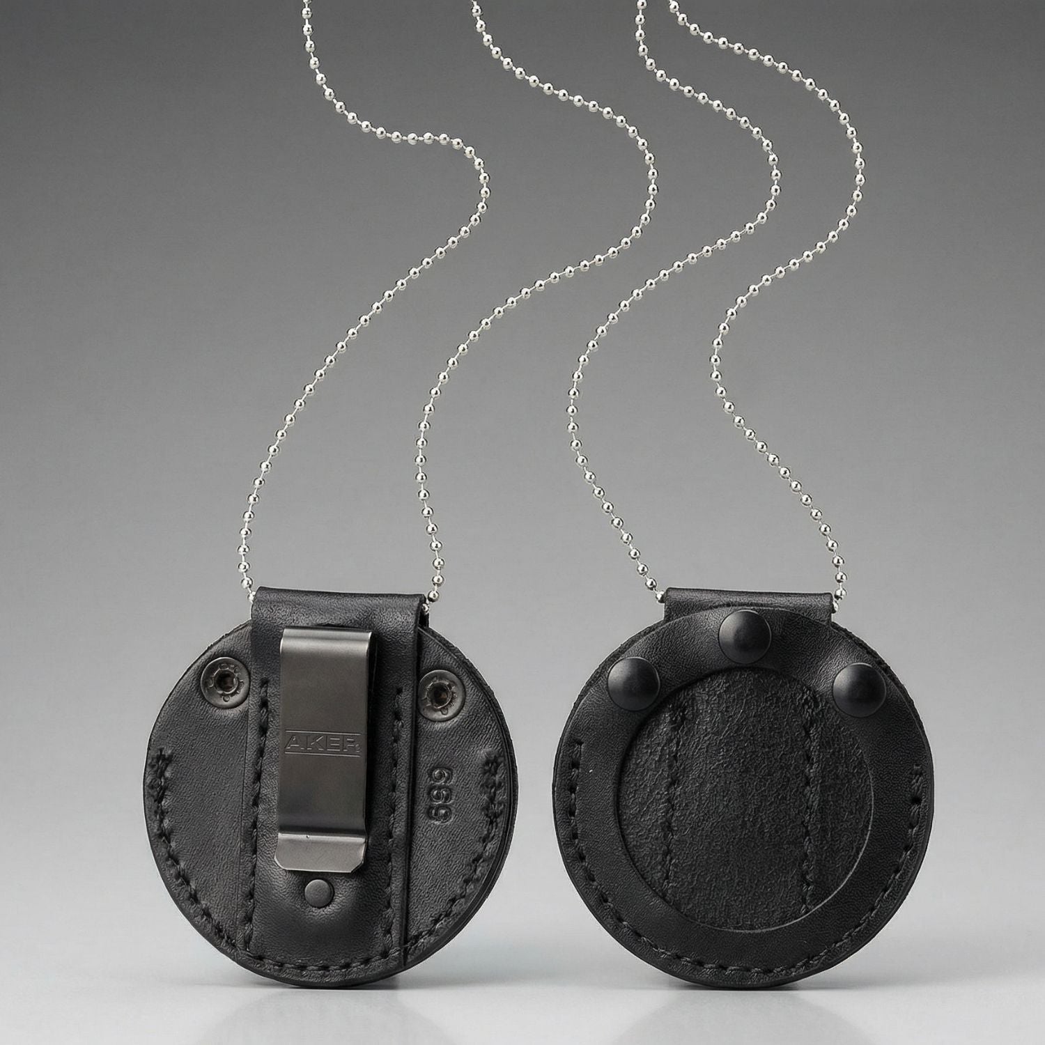 Aker A599-BP leather undercover badge holder in black, product shot showing label and necklace chain
