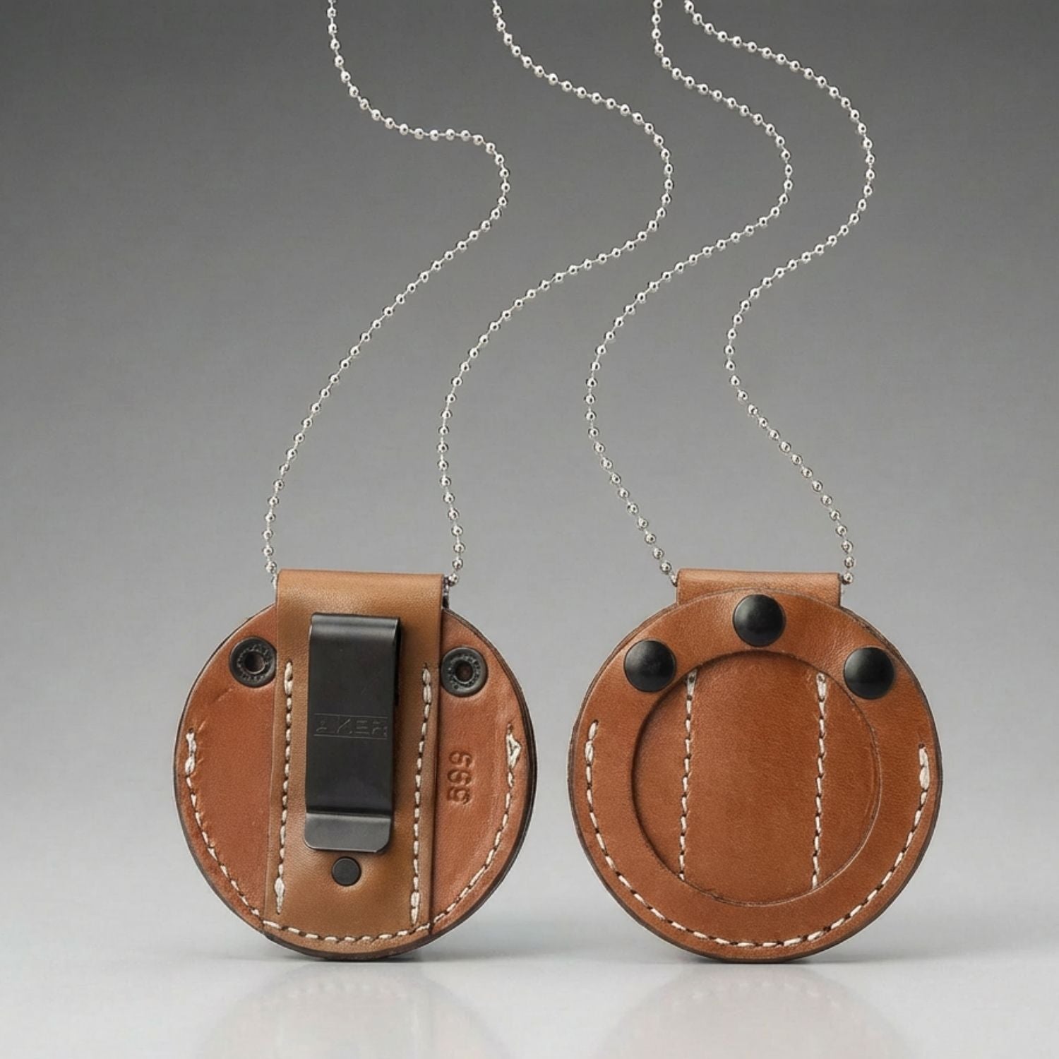 Aker A599-TP leather undercover badge holder in tan brown, product shot showing label and necklace chain