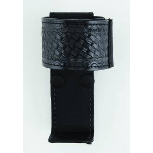 Aker Leather Universal Radio Holder in black leather with woven texture and adjustable Velcro closure for secure fit.