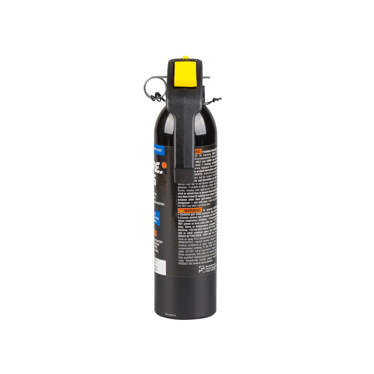 Black fire extinguisher with a yellow label on a white background