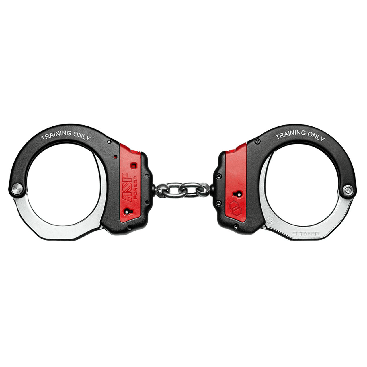 ASP Training Ultra Plus Chain Cuffs in red, model 07440, front view with black forged frame and satin steel bows