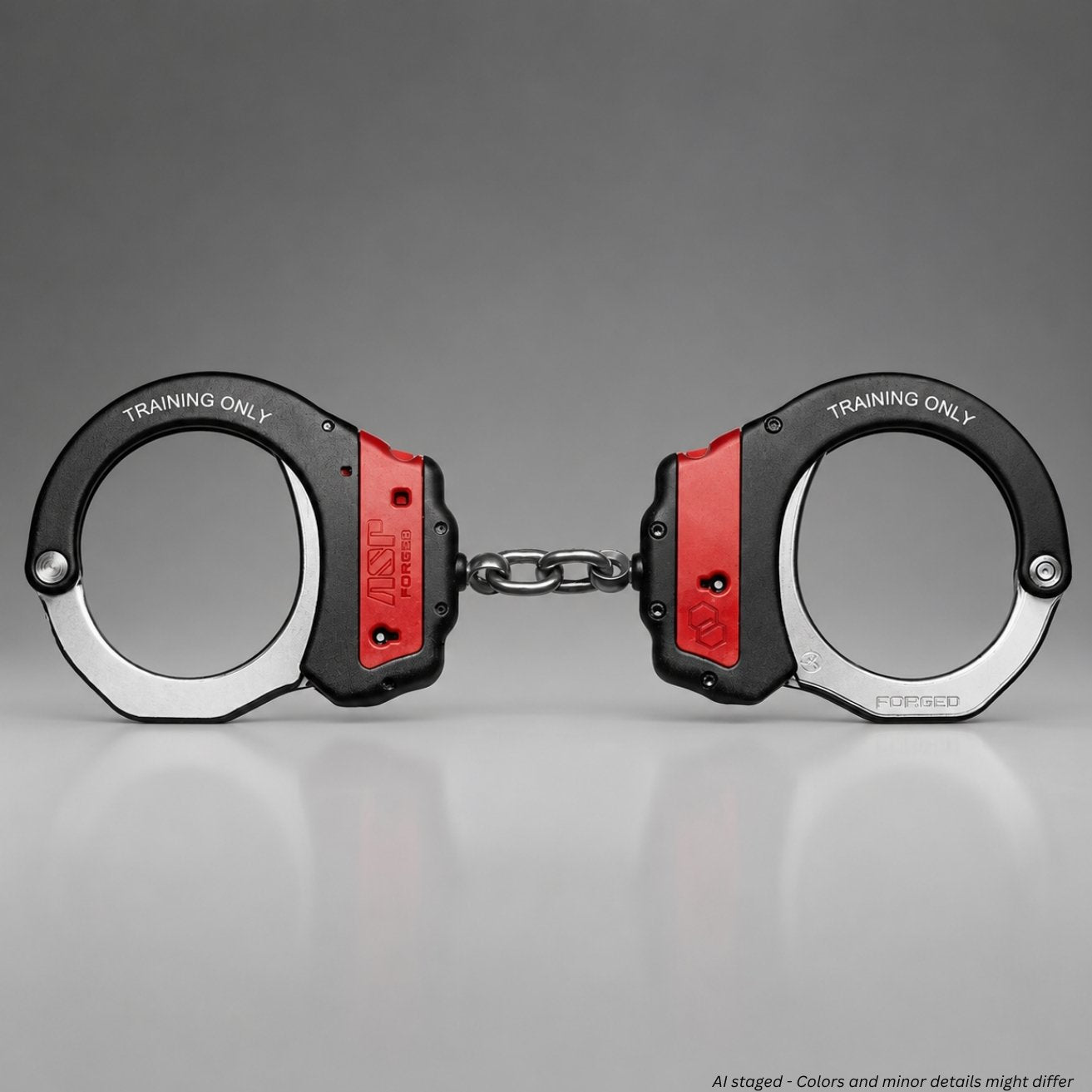 ASP Training Ultra Plus Chain Cuffs in red, model 07440, black forged frame with satin steel bows